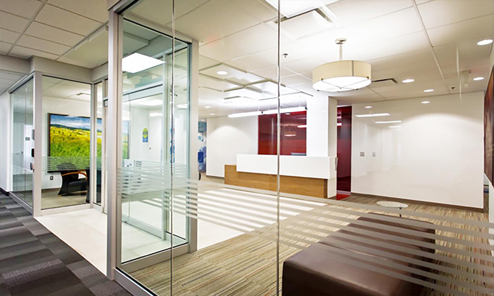 IBM. Reception area showing whole area as viewed from outside the entrance doors.
